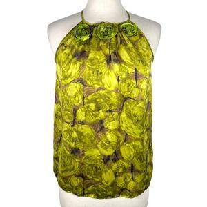 Kenar Women's 100% Silk Halter Top S Green Floral Rosettes Sleeveless